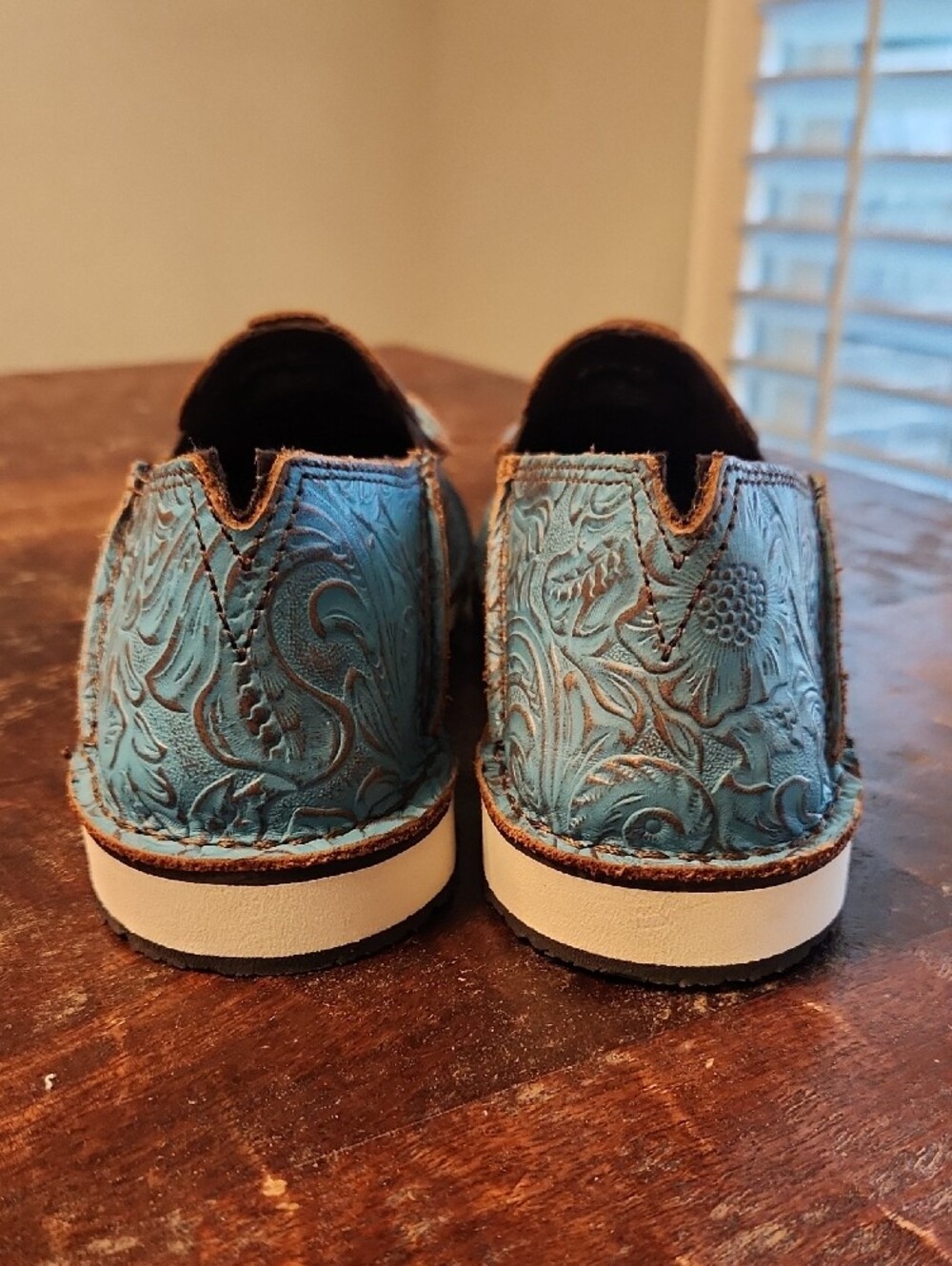 Ariat Turquoise Blue Floral Tooled Leather Slip-On Loafers - Picture 2 of 3
